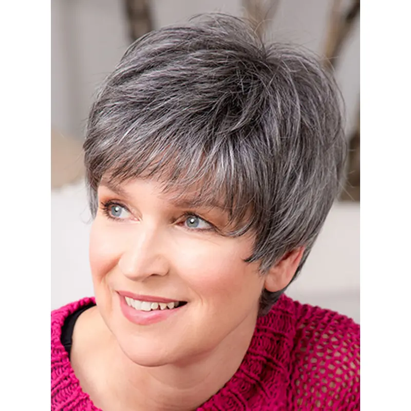 Short 8" Capless Grey Synthetic With Bangs Good Quality Elderly Women Wigs