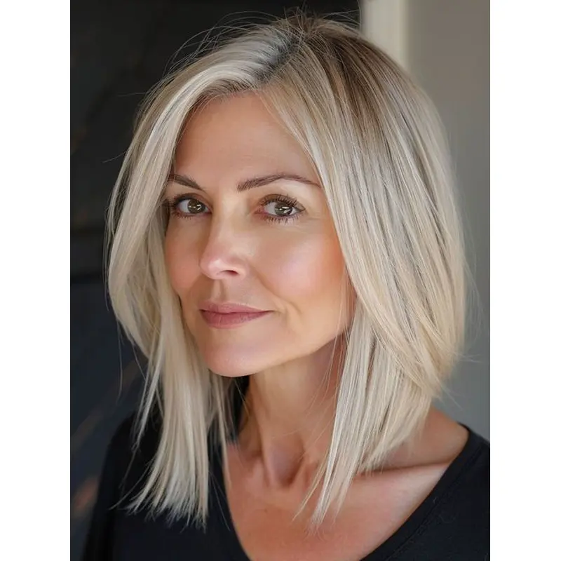 Medium Length Wigs Human Hair Without Bangs Monofilament 14" Platinum Blonde Straight Wigs