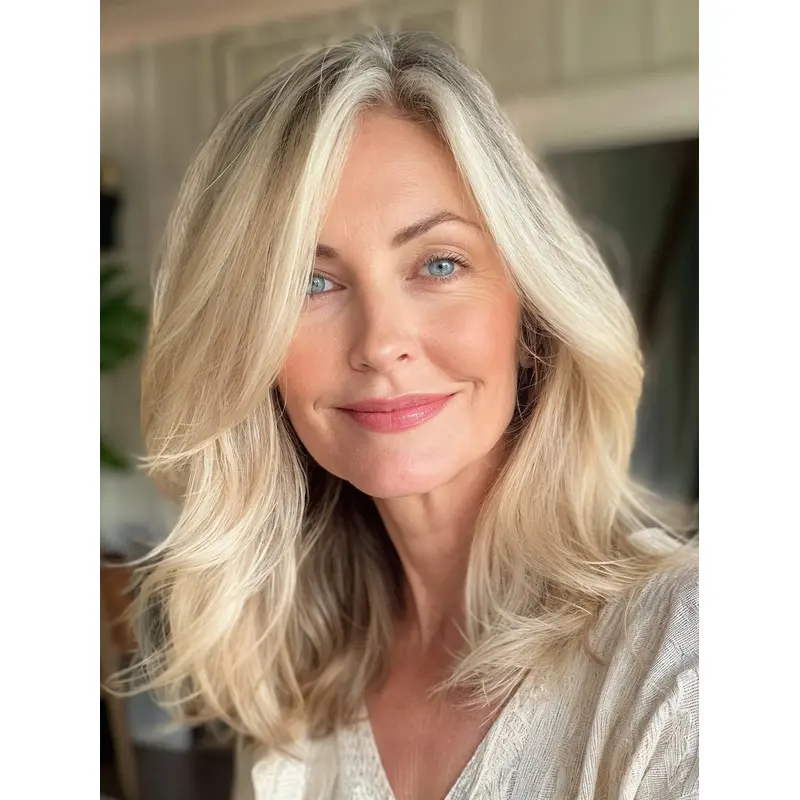 Straight Medium Length Wig Shoulder Length Layered Platinum Blonde Monofilament 14" Wigs