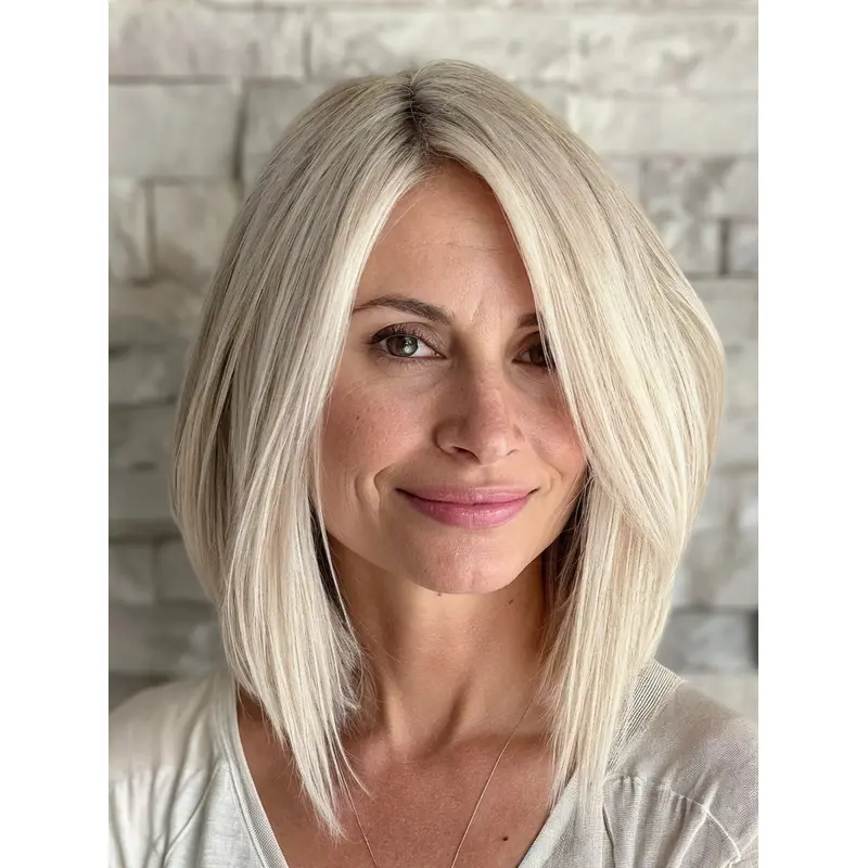Medium Length Lace Wig Remy Human Hair 14" Platinum Blonde Without Bangs Straight Wigs