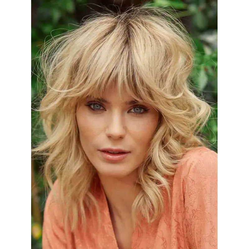 Blonde Wavy Wig Medium 14" With Bangs Remy Human Hair Monofilament Shoulder Length Wigs