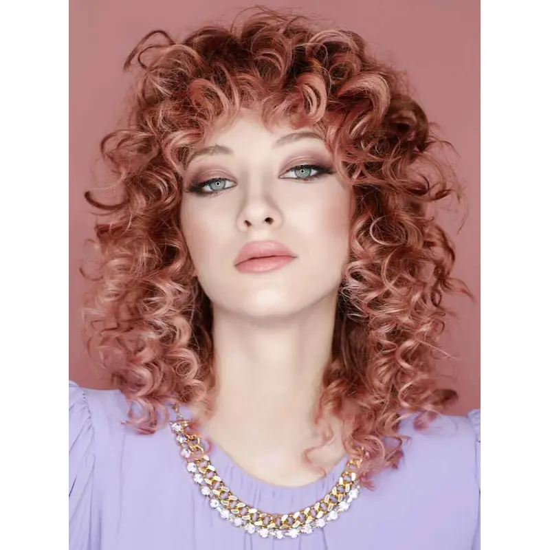 Curly Medium Wig 14" Lace Front Synthetic With Bangs Shoulder Length Ombre/2 Tone Wigs