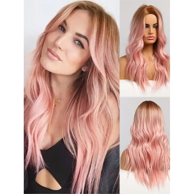 Ombre Light Brown to Pink Natural Long Wave Wigs Heat Resistant Synthetic Wigs Halloween Wigs for Women