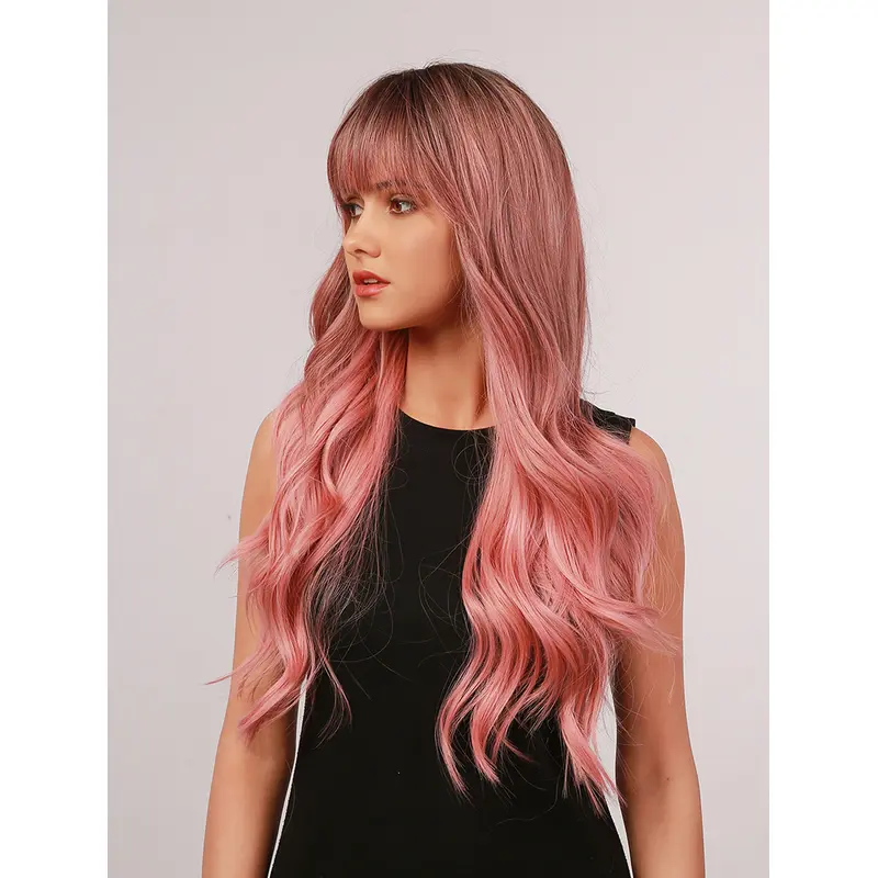Ombre Pink Wig with Dark Roots Length Body Wave Synthetic Wig With Bangs Heat Resistant Hair Wig for Women Girls Cosplay Halloween Dress Party Wigs