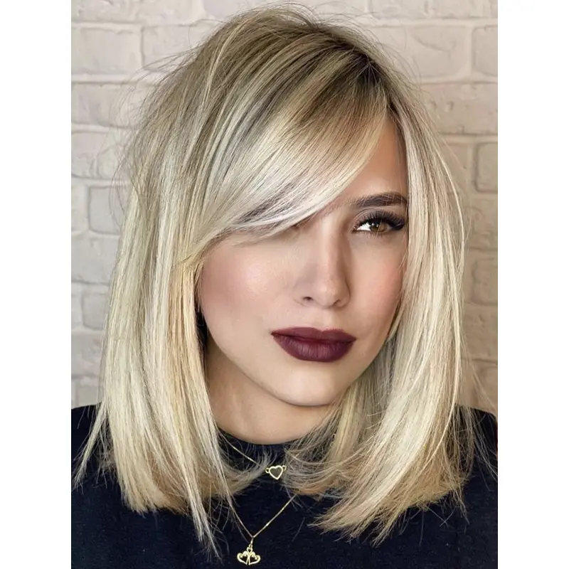 Medium Blonde Wig With Bangs 12" Monofilament Remy Human Hair Wigs