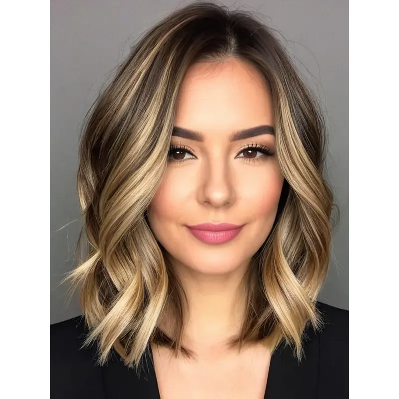 Medium Length Wavy Wig Monofilament Without Bangs Ombre/2 Tone 14" Remy Human Hair Wigs