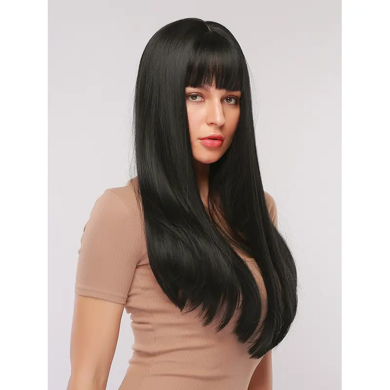 Natural Silky Straight Black Long Wig with Fringe Bangs for Women Heat Resistant Synthetic Wig for Cosplay Costume Party or Daily Wear