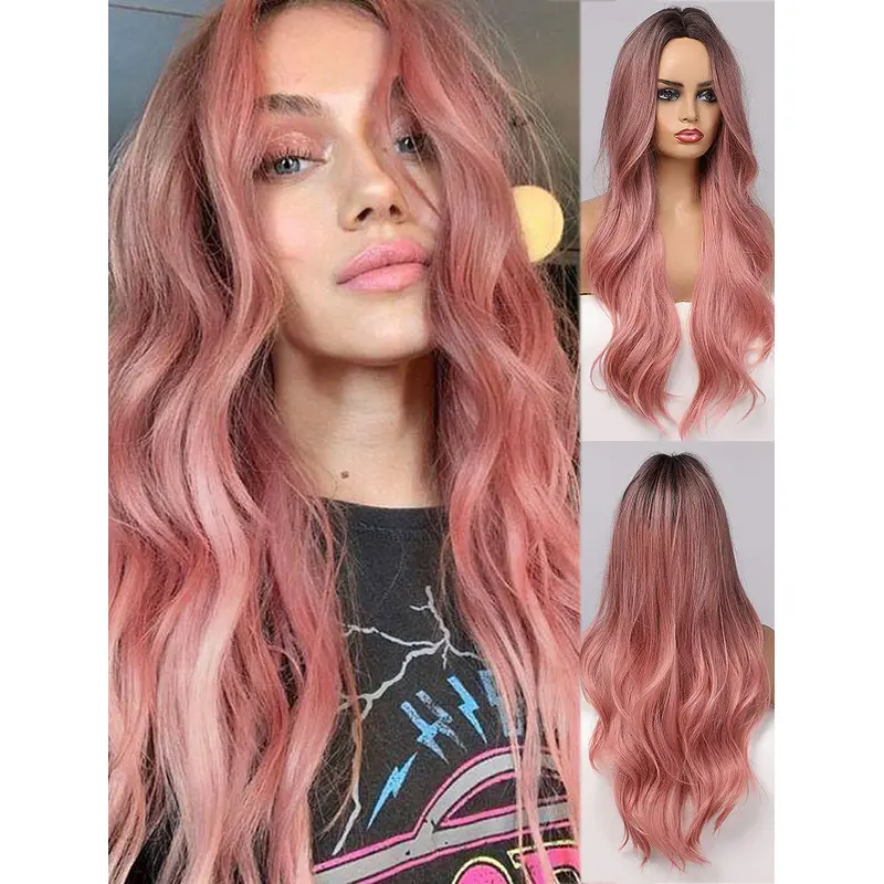 Pink Wig with Dark Roots Long Body Wavy Synthetic Wig Middle Parting Heat Resistant Hair Wig for Women Girls