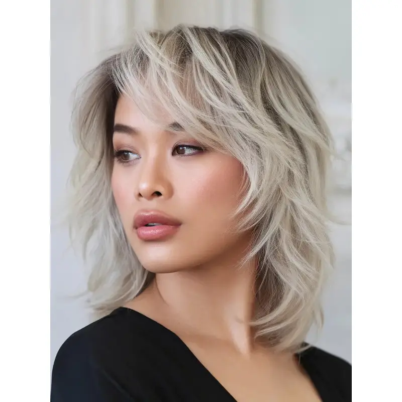 Straight Medium Hair With Layers 12" Platinum Blonde Monofilament Shoulder Length Wigs