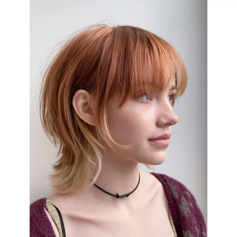 Medium Wig With Bangs Ombre/2 Tone Synthetic Straight Lace Front Shoulder Length Wigs
