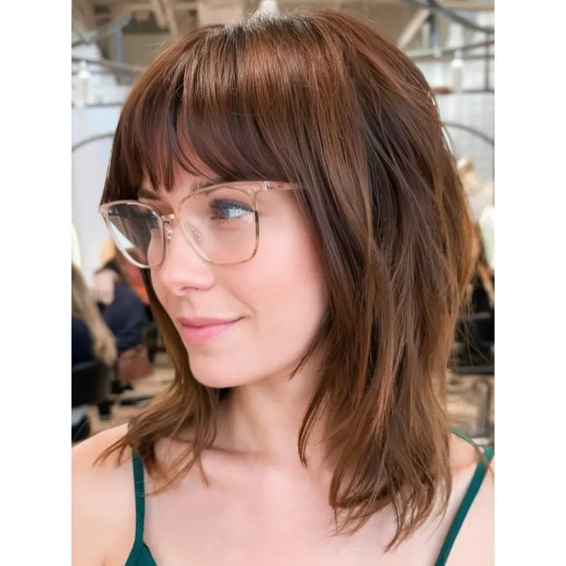 Medium Brown Wig With Bangs Straight Remy Human Hair Monofilament 14" Shoulder Length Wigs