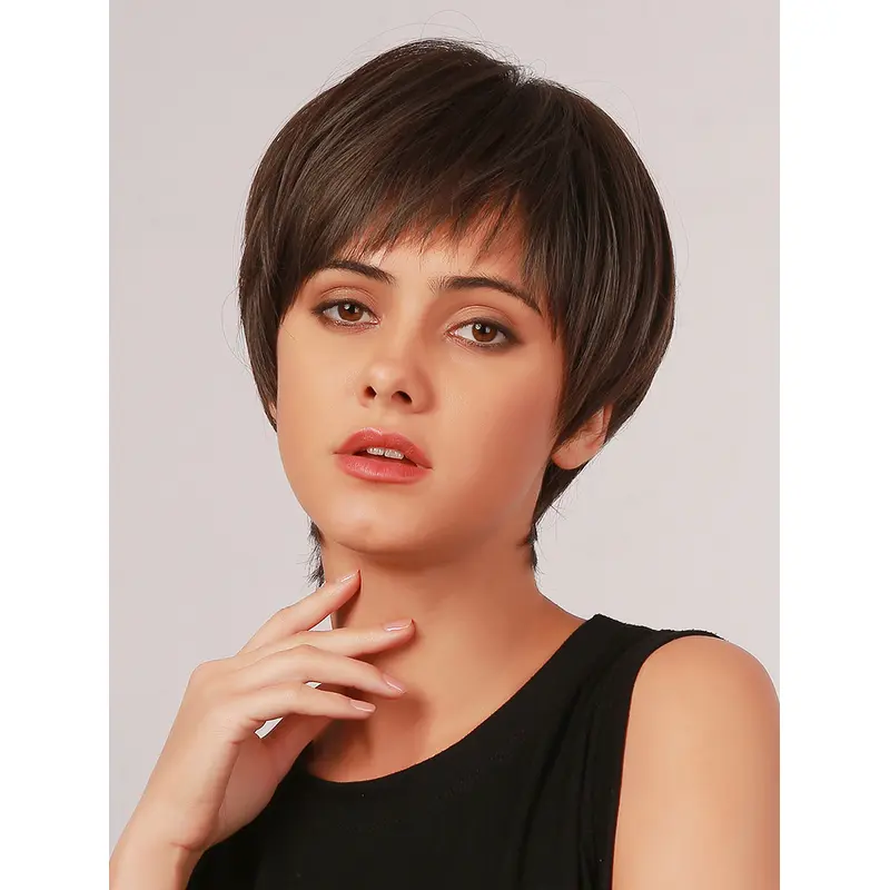 Short Straight Dark Brown Wigs With Bangs Heat Resistant Synthetic Wigs for Women Costume Halloween Fancy Dress Party Wig