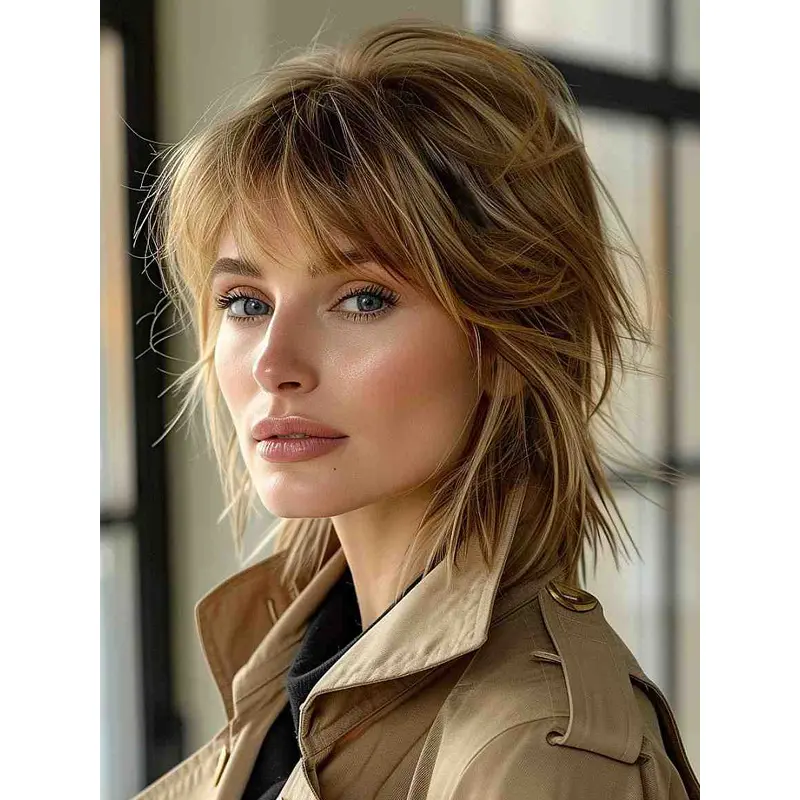 Medium Wig With Bangs Ombre/2 Tone Synthetic Straight Monofilament Shoulder Length Wigs