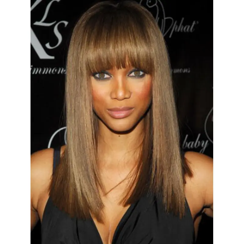 Tyra Banks Mysterious Playful Long Straight Glueless Lace Front Human Hair Wig 16 Inches with Straight Bangs