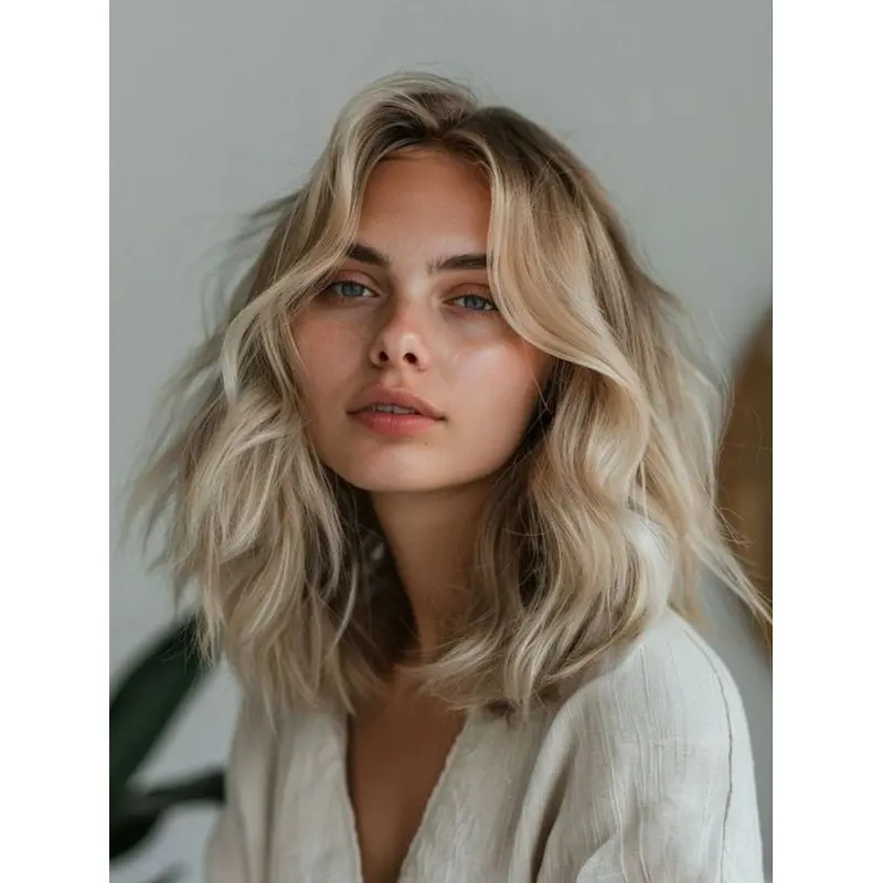 Medium Length Wavy Wig Monofilament Without Bangs Platinum Blonde 14" Remy Human Hair Wigs