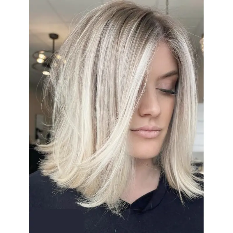 Medium Length Lace Wig Remy Human Hair 14" Platinum Blonde Without Bangs Straight Wigs