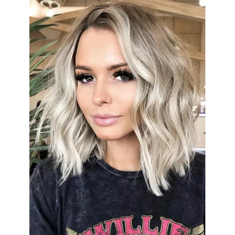 Medium Wigs For Ladies 14" Without Bangs Remy Human Hair Lace Front Platinum Blonde Wigs