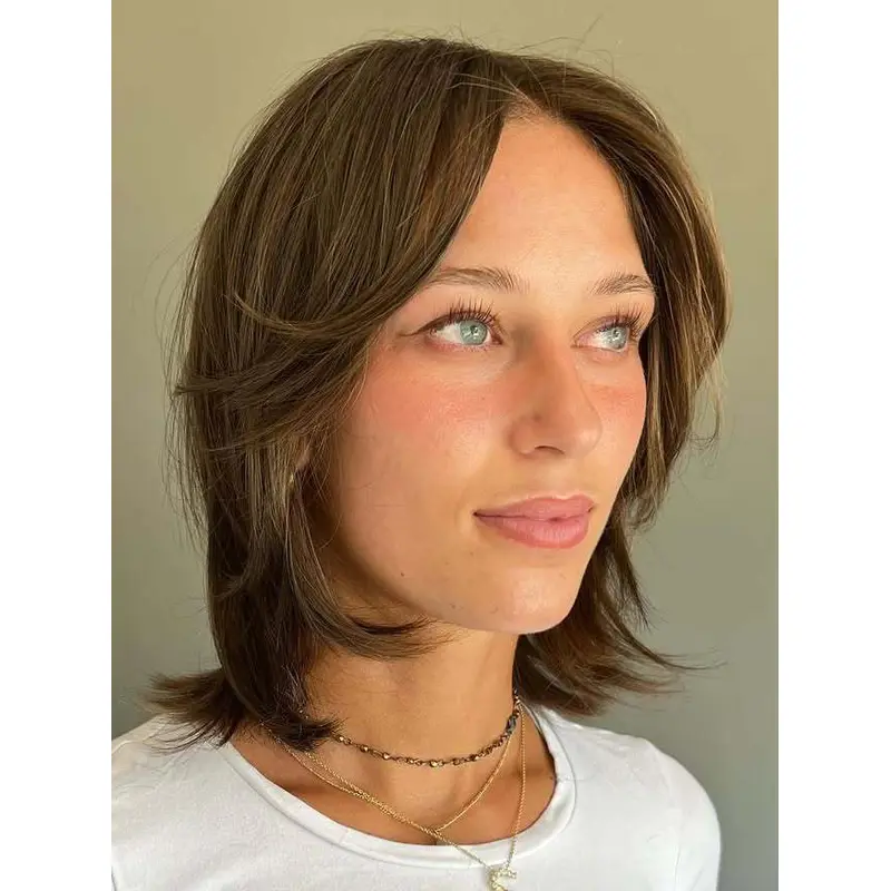 Medium Brown Human Hair Wigs Lace Front Without Bangs Straight 12" Shoulder Length Wigs