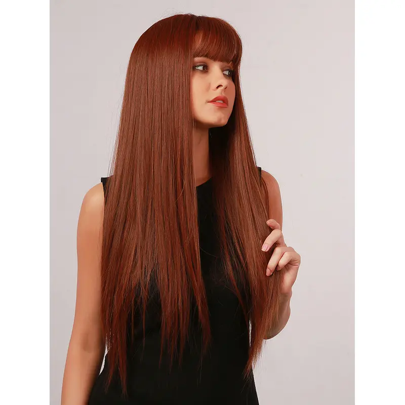 Women's Silky Straight Long Auburn Wig With Bangs Ombre Synthetic Wig for Dating Halloween Fancy Dress Party Daily Wear