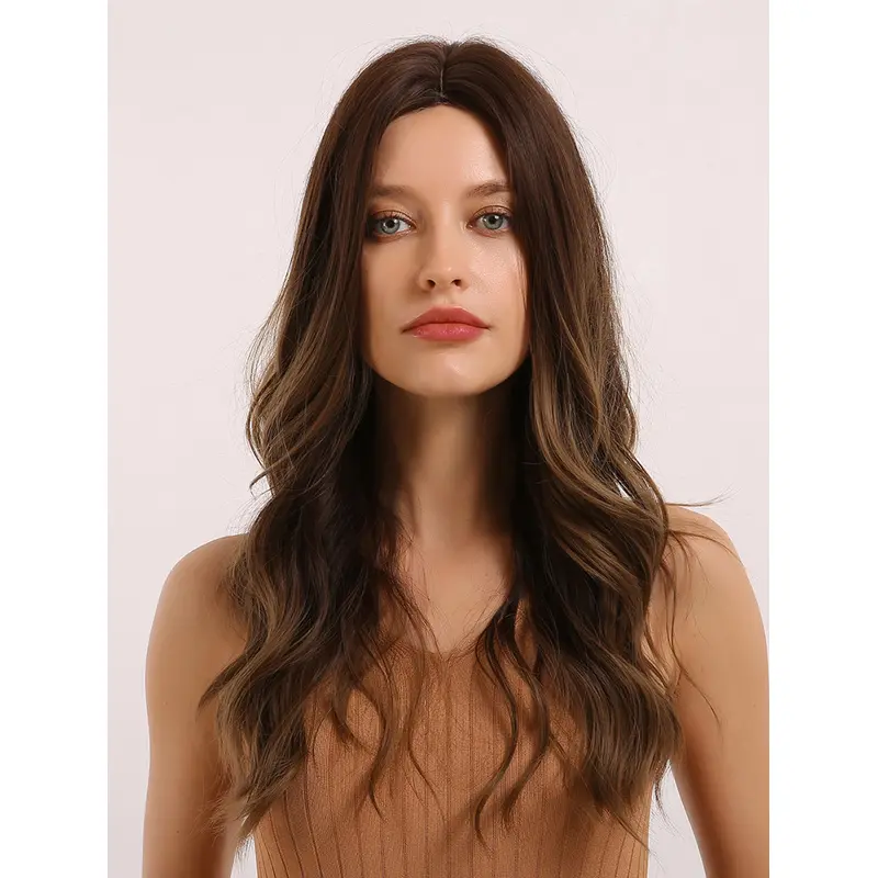 Long Body Wave Ombre Light Brown to Blonde Wig without Fringes Middle Parting Heat Resistant Synthetic Wig for Women Cosplay Halloween Fancy Dress Party Daily Wear