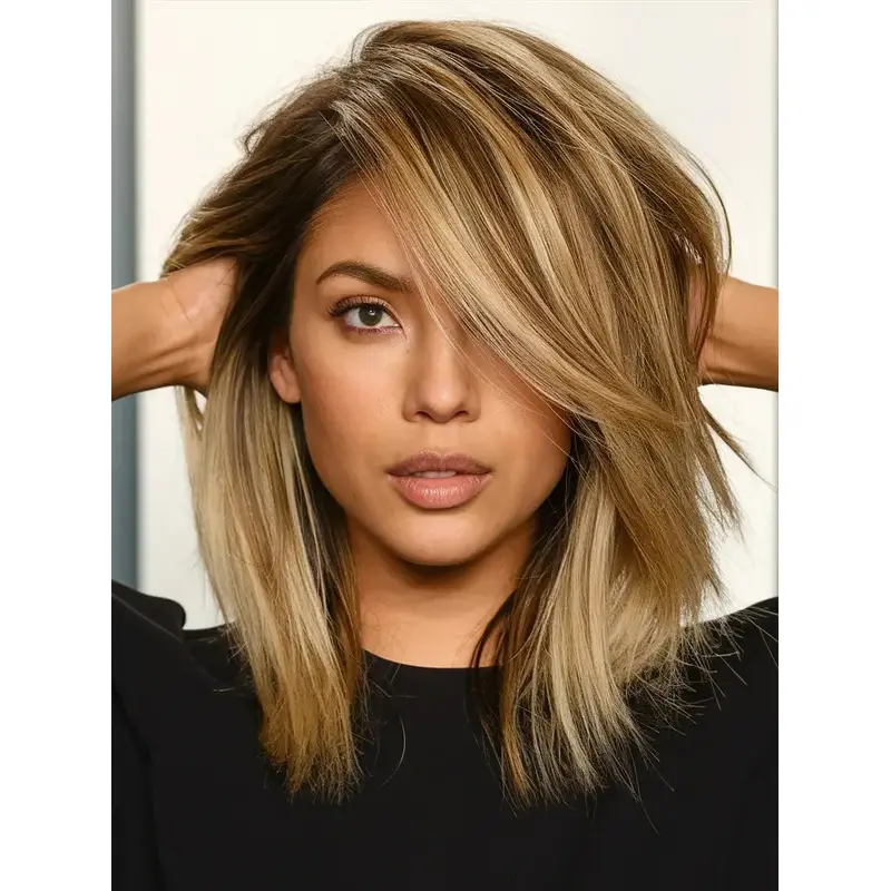 Medium Layered Wigs Monofilament Remy Human Hair 14" Ombre/2 Tone Straight Shoulder Length Wigs