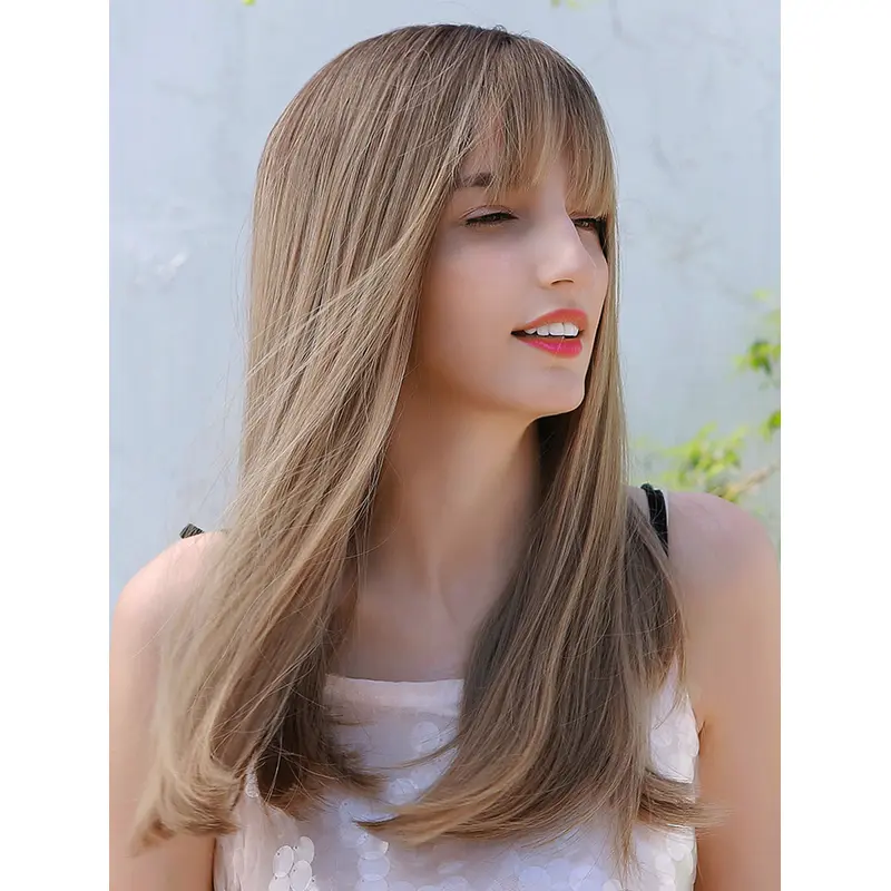 Natural Long Blonde with Highlights Straight Wig with Middle Bangs Synthetic Fiber Wig For Women Daily Dress 16 Inches Length