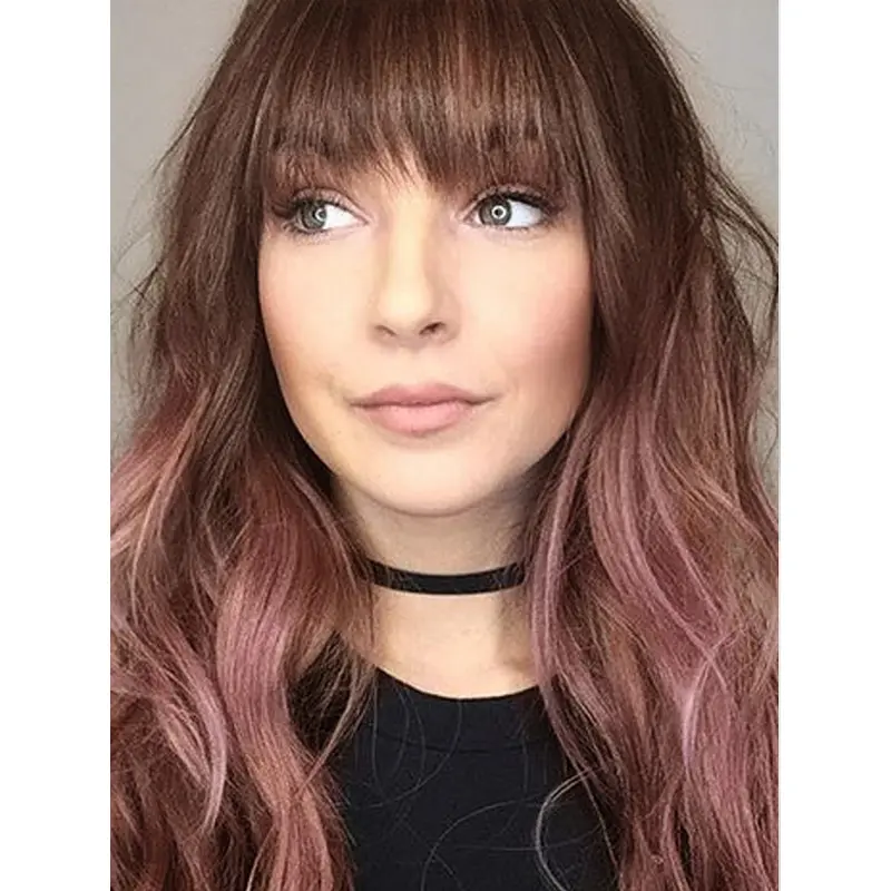 Ombre Pink Wig with Brown Dark Root Charming Long Natural Loose Wave Synthetic Wig with Bangs Heat Resistant Hair Replacement for Women Cosplay Halloween Fancy Dress Party Daily Wear