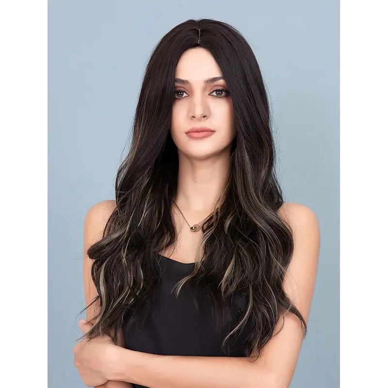 Dark Black Wig with Light Blonde Hightlights Natural Long Body Wavy Synthetic Wig Middle Parting Heat Resistant Hair Wig for Women Girls