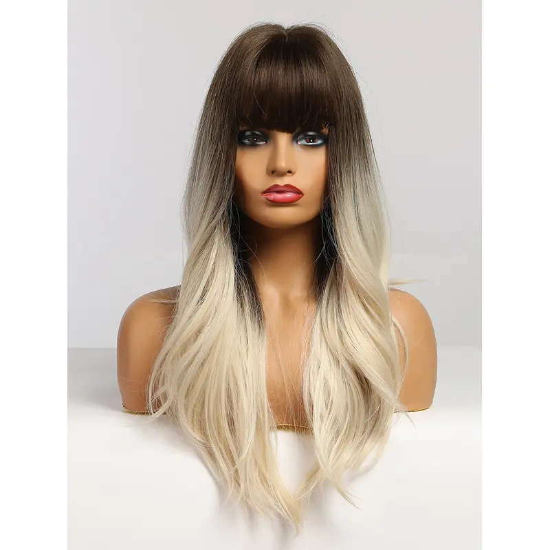 Dark Brown to white Wig With Full Bangs Body Wave Synthetic No Parting Long Synthetic Wig Heat Resistant Hair Wig for Cosplay Party