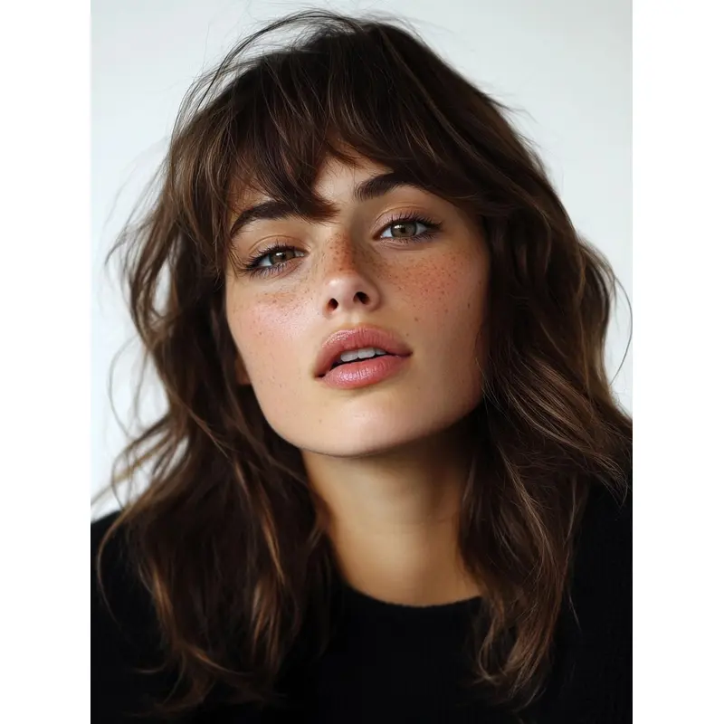Medium Brown Wig With Bangs Straight Remy Human Hair Lace Front 14" Shoulder Length Wigs