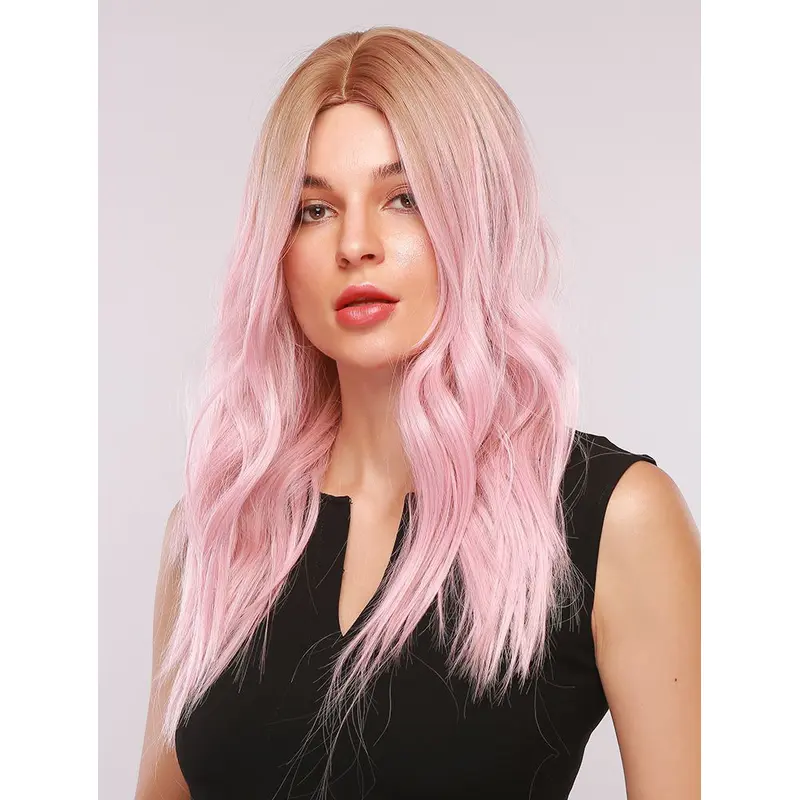 Ombre Pink Wig with Blonde Roots Natural Loose Wave Synthetic Wig Middle Parting Heat Resistant Hair Wig for Women Girls