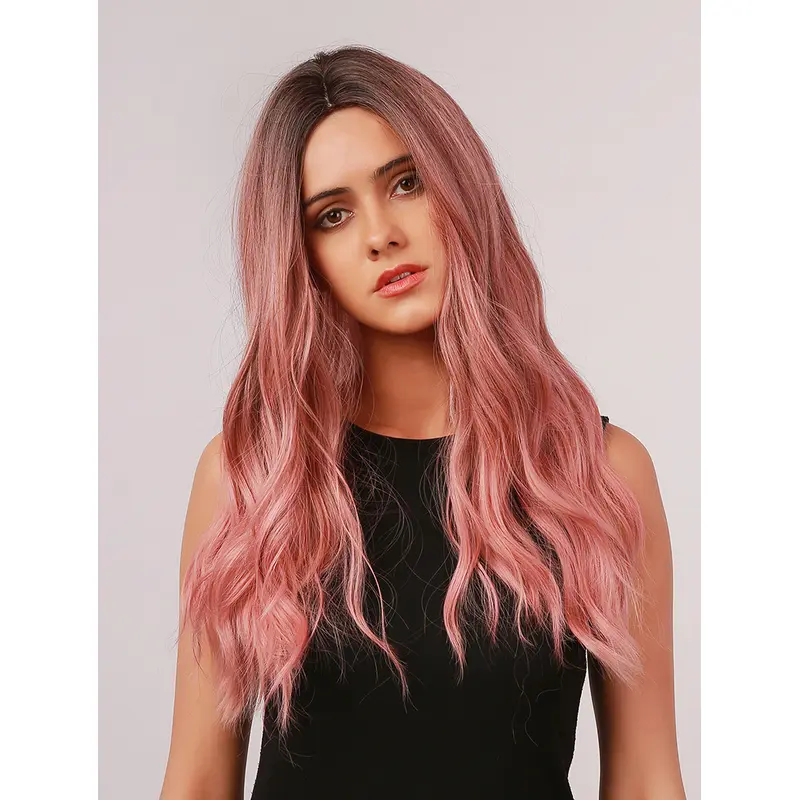 Women's Long Loose Wave Ombre Pink Wig with Dark Roots Without Bangs Ombre Synthetic Wig for Dating Halloween Fancy Dress Party Daily Wear