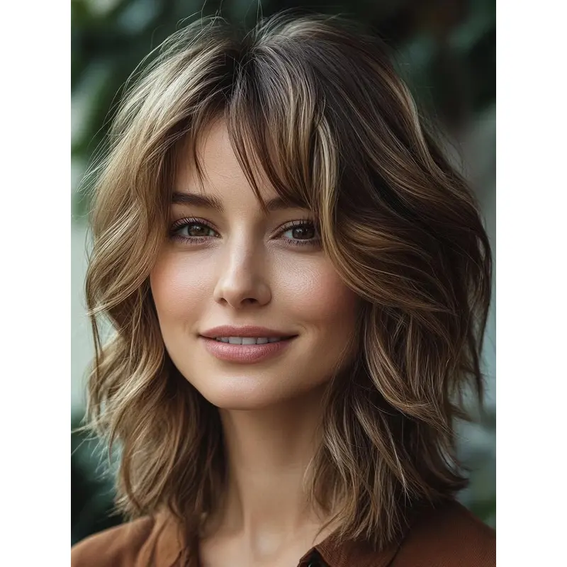 Medium Blonde Wig With Bangs Remy Human Hair Shoulder Length Monofilament Wavy 14" Wigs