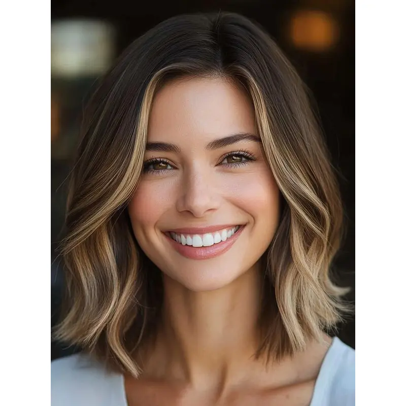 Medium Layered Wigs Monofilament Remy Human Hair 14" Ombre/2 Tone Wavy Shoulder Length Wigs