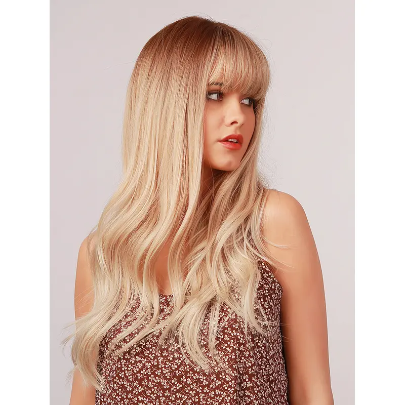 18 Inches Platinum Blonde Wig With Dark Roots Long Wavy with Bangs Synthetic Ombre Wigs Heat Resistant Hair Wig for Daily Wear