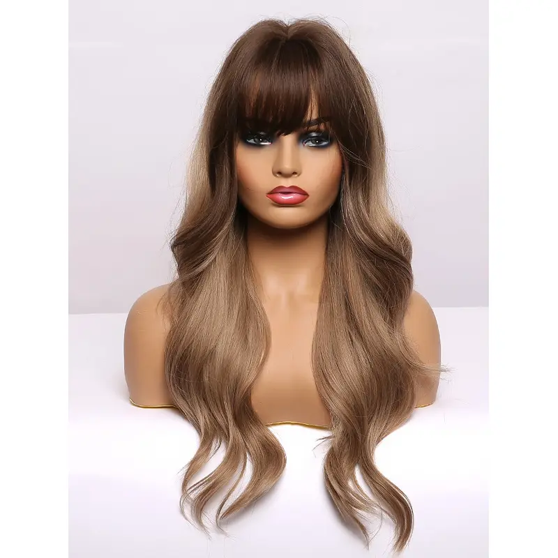 Long Body Wave Brown Wigs Heat Resistant Synthetic Ombre Wigs with Bangs for Women Daily Wear