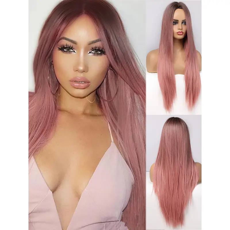 Pink with Dark Roots Wig Natural Silky Straight Wig without Bangs Glueless Layered hairstyle Synthetic Hair Wig for Women Daily Dress