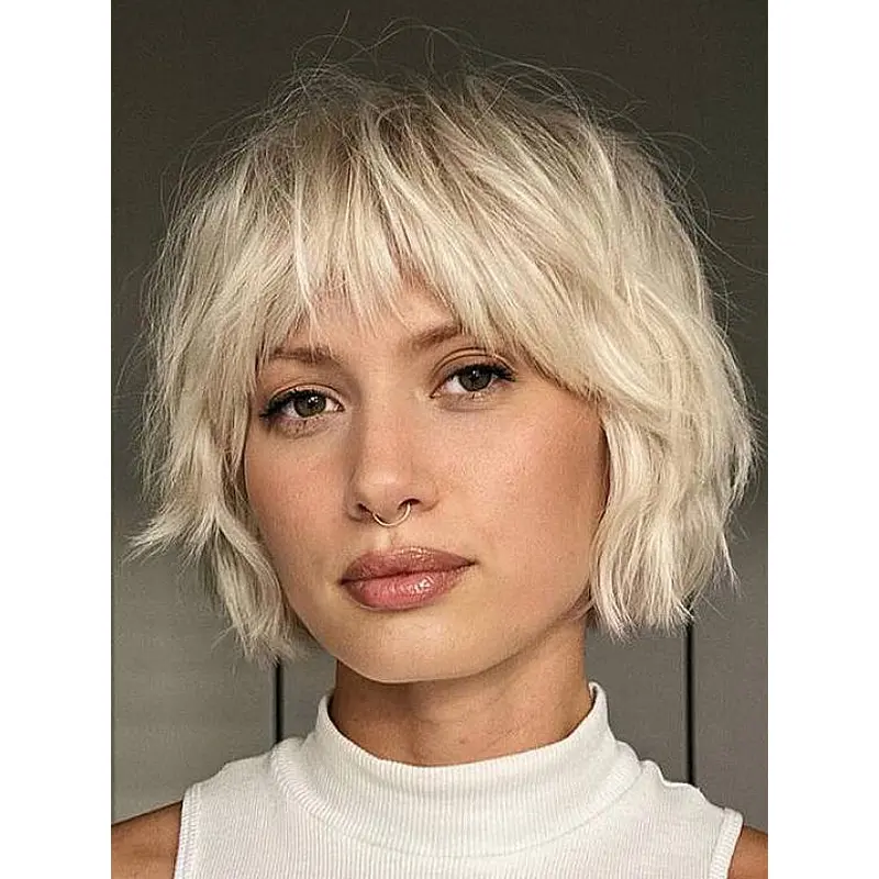 Ladies Wig Monofiliment Straight Platinum Blonde With Bangs Chin Length Synthetic Wigs