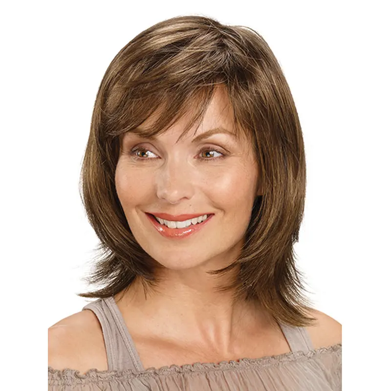 Shoulder Length Monofilament Brown Straight 14" Synthetic Medium Length Wigs For Women