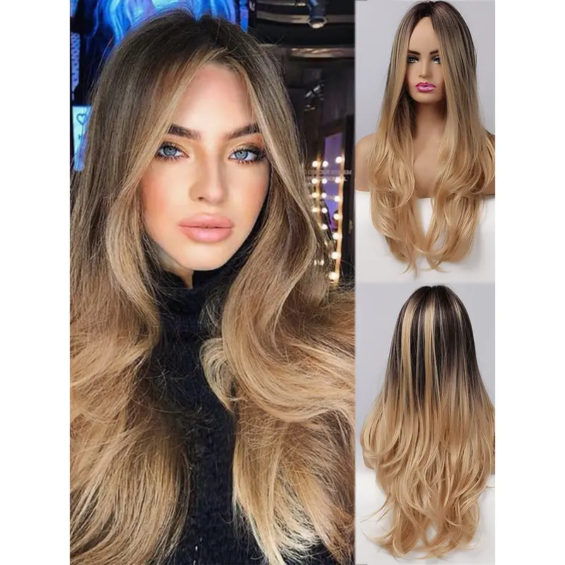 Blonde with Dark Roots Loose Wave Wig Natural Heat Resistant Synthetic Wig without fringe for Women Cosplay Halloween Dress Party Wigs