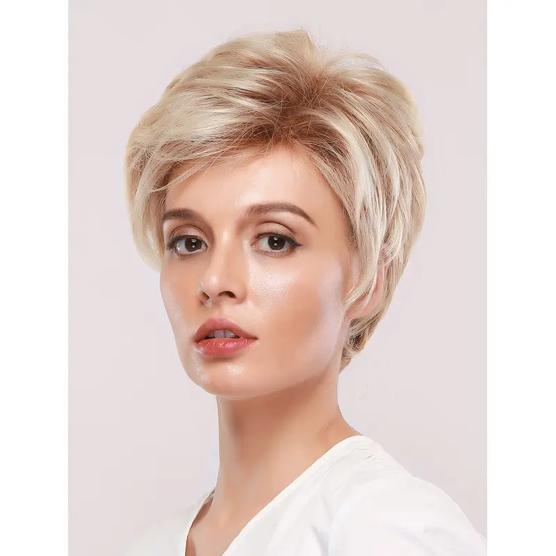 Layered Short Platinum Blonde Wigs with Brown Roots Straight without Fringes Side Parting Synthetic Wig Heat Resistant Hair Replacement for Women Daily Wear