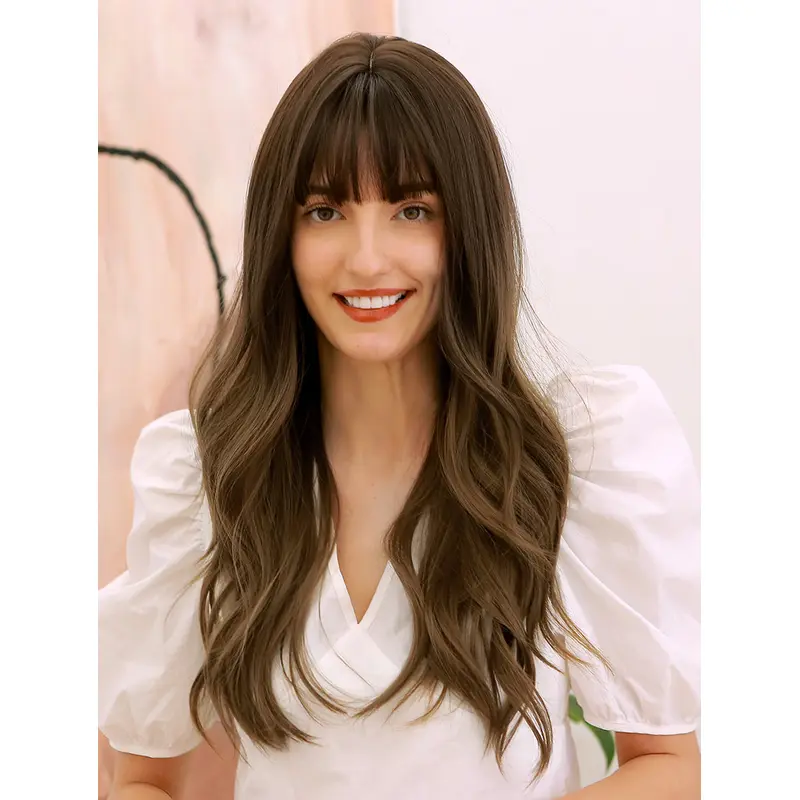 Ombre Black to Brown Wig Long Body Wave Wig with Middle Bangs Natural Full Synthetic Hair Wig 26 Inches