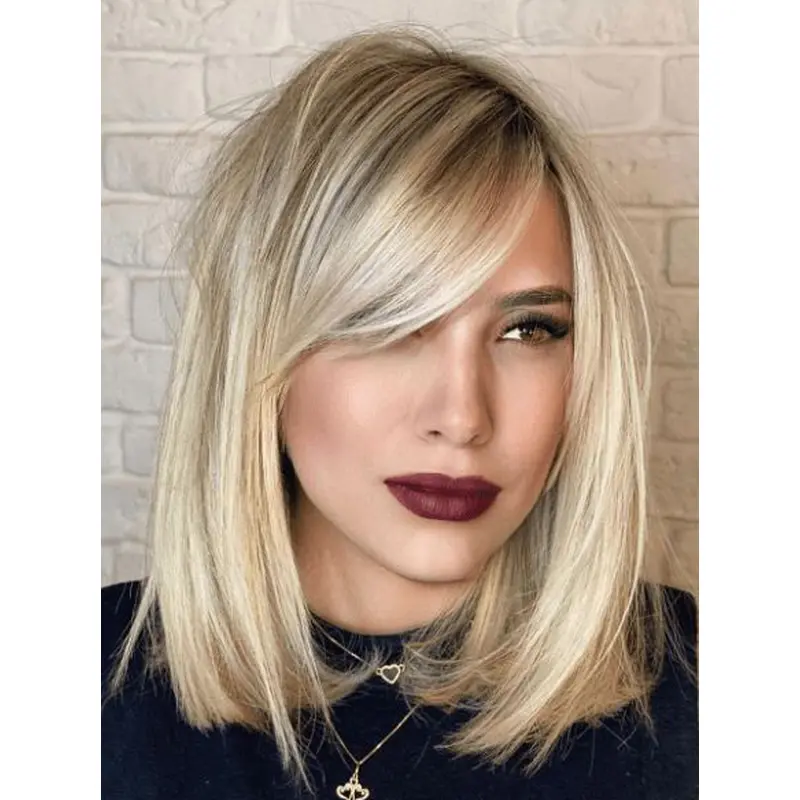 Lace Front Wigs Platinum Blonde Synthetic 14" Shoulder Length Straight With Bangs Wigs