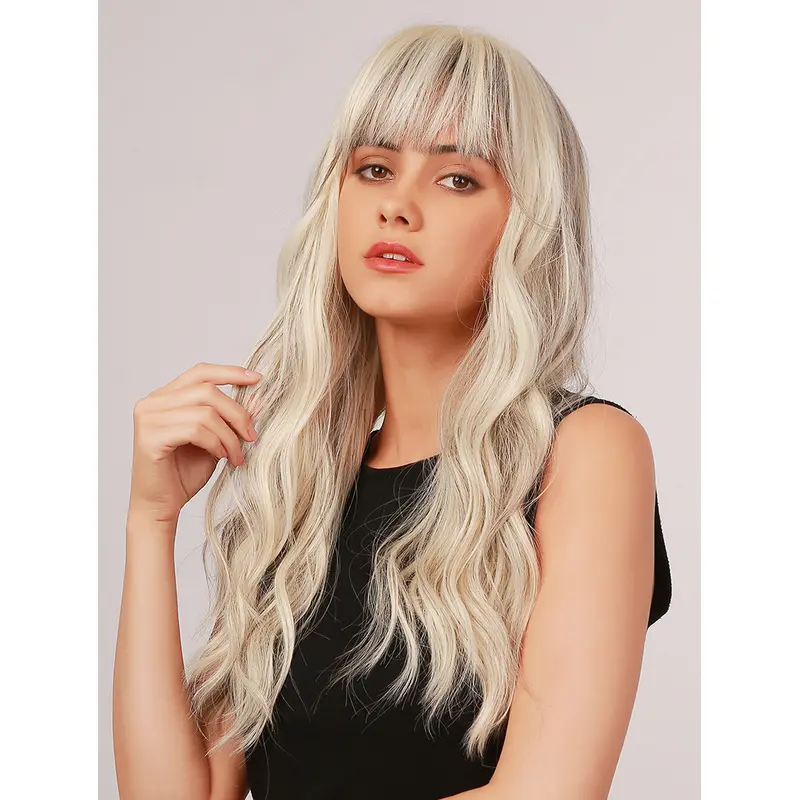 Platinum Blonde Long Wig Wavy Synthetic White Wig With Bangs Heat Resistant Hair Wig for Women Girls Daily Wear