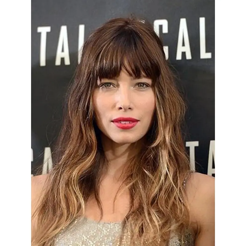 Ombre Medium Brown Long Loose Wave Hairstyle 100% Human Hair Lace Front Wig with Full Bangs