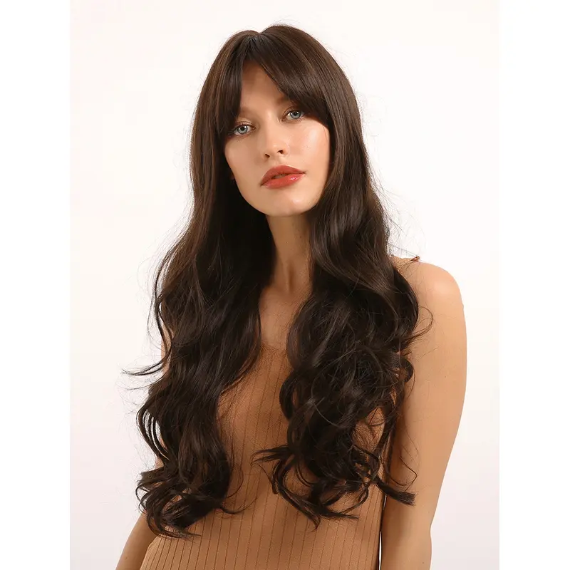 Long Wavy Dark Brown Wigs with Bangs Heat Resistant Synthetic Middle Parting Wigs Women Cosplay Halloween Fancy Dress Party Daily Wear