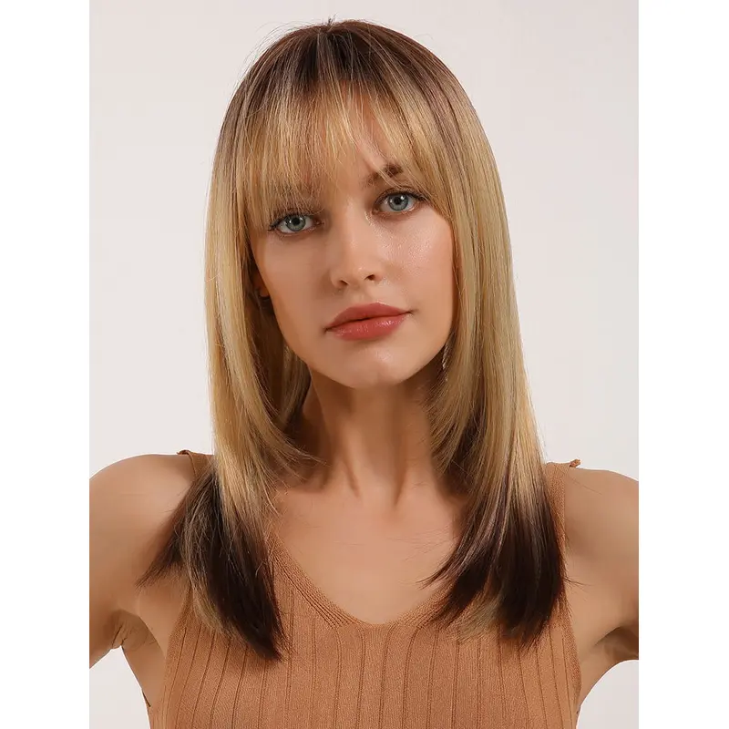 Ombre Blonde with Highlights Natural Long Straight Synthetic Wig With Bangs Heat Resistant Hair Wig for Women Girls