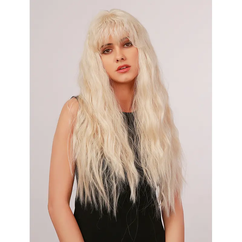 Platinum Blonde Wig Natural Long Loose Wave Synthetic Wig With Bangs Heat Resistant Hair Wig for Women Fashion Cosplay Fancy Dress Party Wig