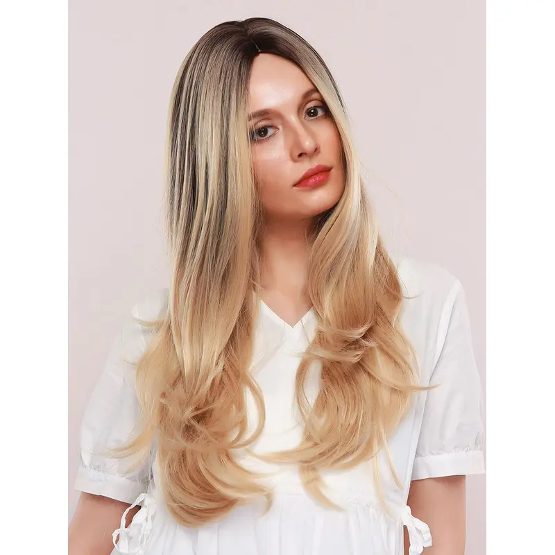 Shiny Blonde Wig with Dark Brown Highlights Long Wave Synthetic Wig Middle Parting Heat Resistant Hair Wig for Women Girls