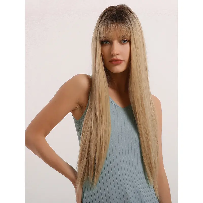 Natural Blonde Long Straight Wig with Fringes Synthetic Fiber Wig with Ombre Dark Roots Middle Parting For Women Daily Dating 26 Inches Length